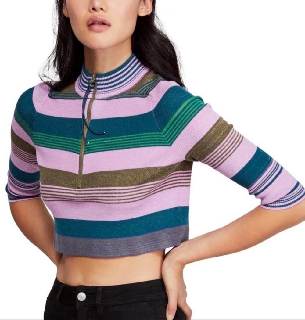 Free People Riptide Crop Quarter Zip Retro Multicolor Stripe Knit Top-Size M